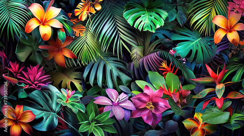 Tropical background from exotic plants, flowers, foliage photo