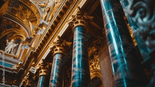 Columns inside an ornate building with intricate details
