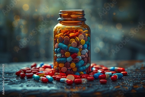 An assortment of colorful pills and capsules fill a mason jar, resembling a tempting jar of candy, ready to soothe and nourish from the comfort of indoors
