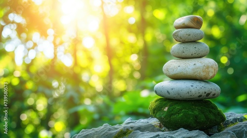 Zen stones stacked in a green forest