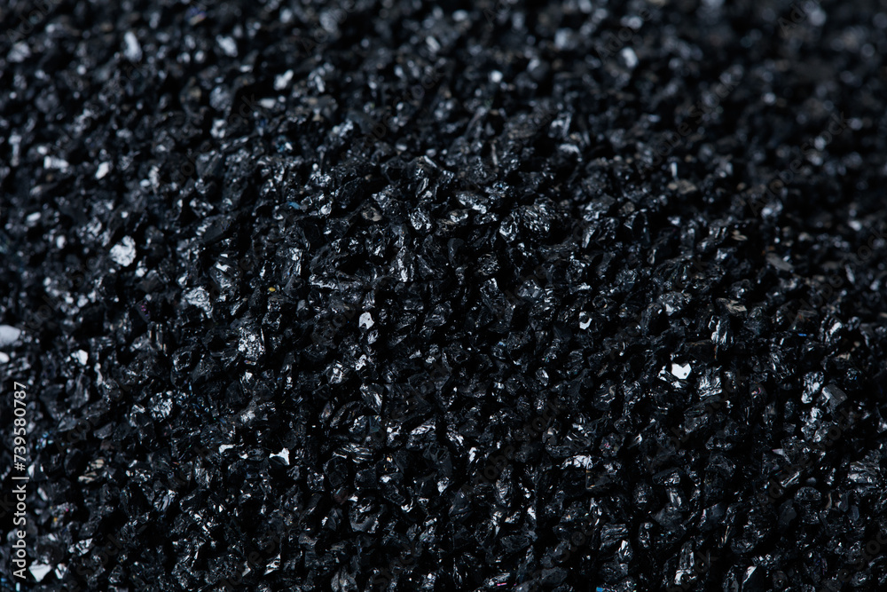 Macro close up of Silicon Carbide black sand size. Fine particle silicon carbide pile up, White background Isolated, particle element object - obrazy, fototapety, plakaty 
