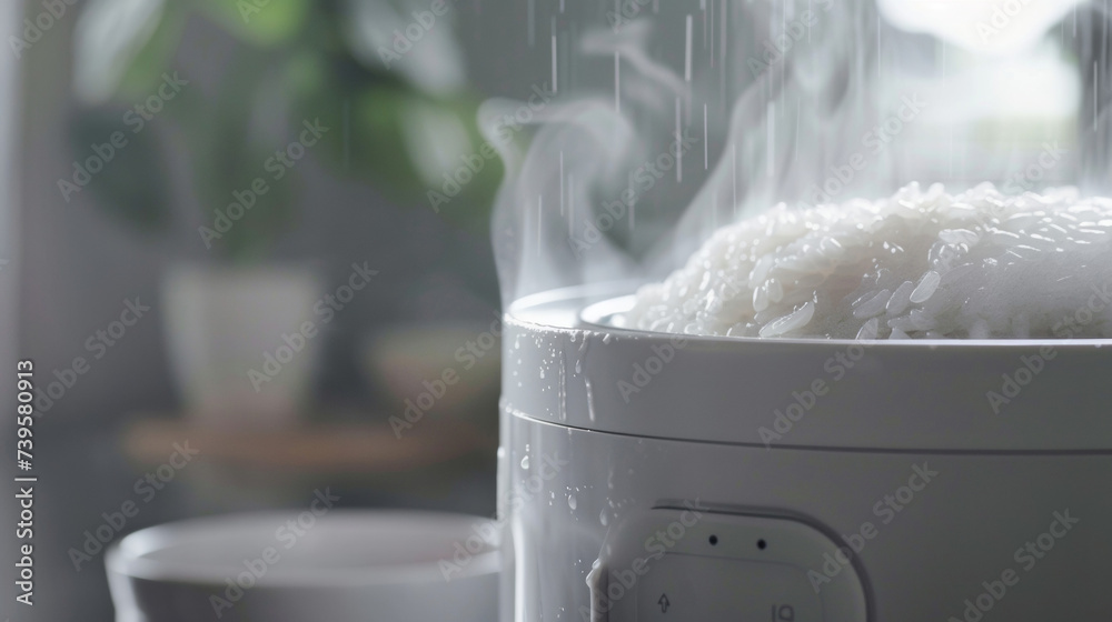 The condensation collector of a rice cooker catching excess moisture from the cooking process. - obrazy, fototapety, plakaty 