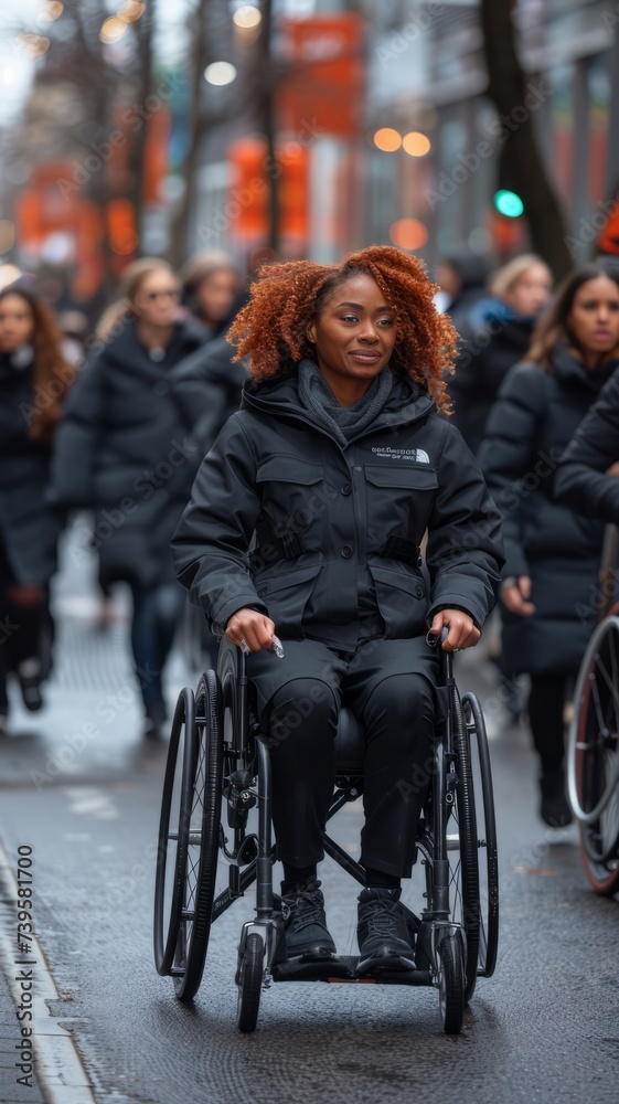 Black woman in a wheelchair, confidently driving through a noisy city street.
