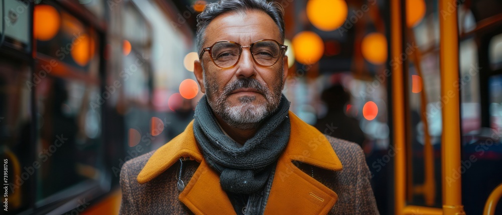 Businessman wearing coat, glasses and scarf. Sits in public transportation. Businessman wearing coat, glasses and scarf. Sits in public transportation.