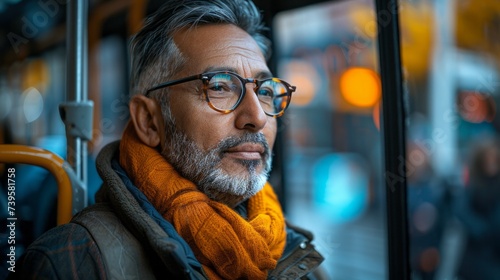 Businessman of Middle Eastern origin, wearing coat, glasses and scarf. Sits in public transport.