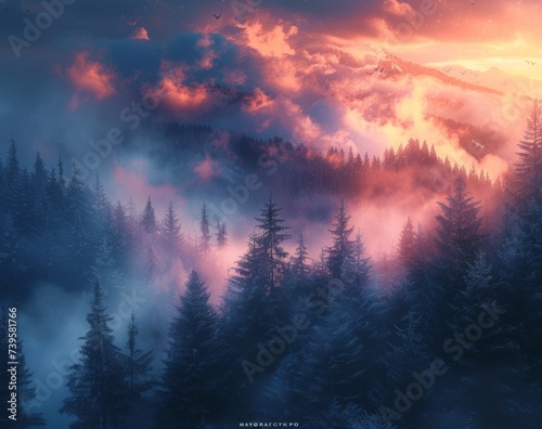 Misty fir forest landscape