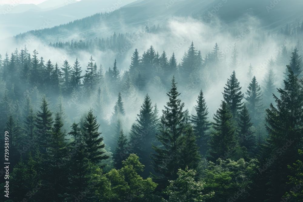 Misty fir forest landscape