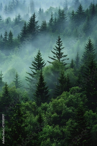 Misty fir forest landscape
