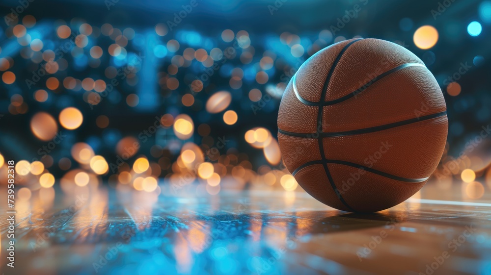 A basketball on a shiny floor with illuminated bokeh background A basketball on a shiny floor with illuminated bokeh background