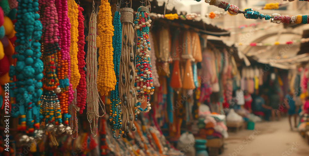Colorful bead necklaces hanging in a market stall