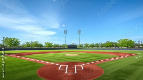 Vibrant baseball field under a blue sky