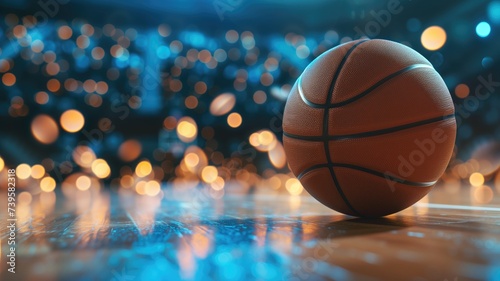 A basketball on a shiny floor with illuminated bokeh background