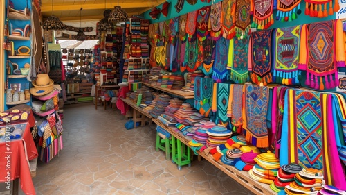 Colorful market display of local crafts
