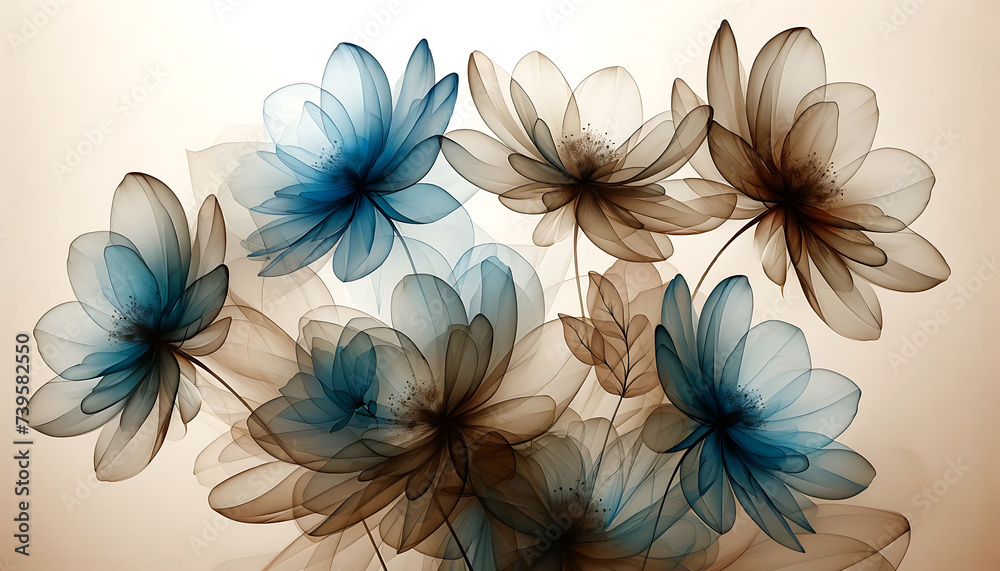 Translucent Blue and Brown Floral Art on Warm Beige Background Translucent Blue and Brown Floral Art on Warm Beige Background