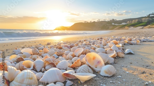 Seashells scattered on beach at sunset
