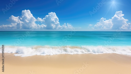 Pristine beach with turquoise water and fluffy clouds in the sky