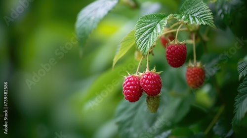 Ripe raspberries hanging on the branch in a garden