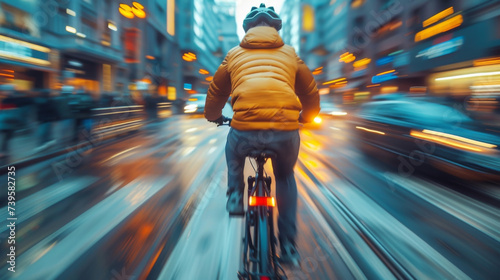 Closeup of a cyclist speeding through the city leaving a trail of blurred movement behind.