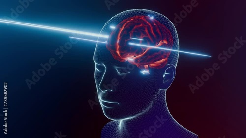 Brain in holographic human body. Artificial intelligence concept background. Can be used in background elements related to technology, science, communication or social media. 3D Render. photo