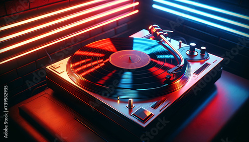 Retro Turntable with Vinyl Record Illuminated by Neon Red and Blue Lights