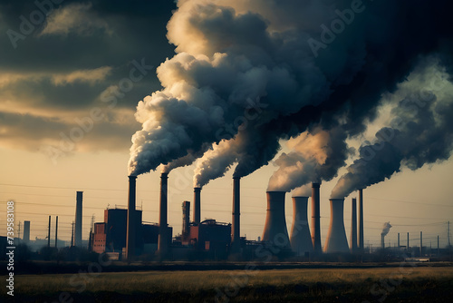 Power plant polluting the environment with smokestacks. Global warming concept. Generative AI