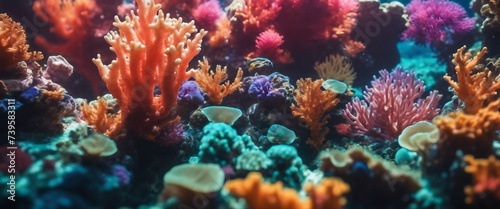 A vibrant coral reef under the clear ocean, the water capturing the sunlight and creating a kaleidos