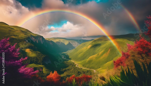 A Vibrant Rainbow Touching Down in a Hidden Valley, the colors strikingly vivid against the lush  © vanAmsen