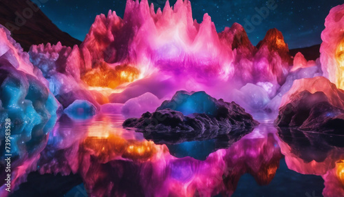  Aurora Reflection in a Geode Pool, the vibrant colors of the aurora caught in the still water.