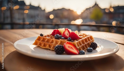 Belgian Liege Waffle, adorned with fresh fruit, with the morning light of a European cafes terrace  photo