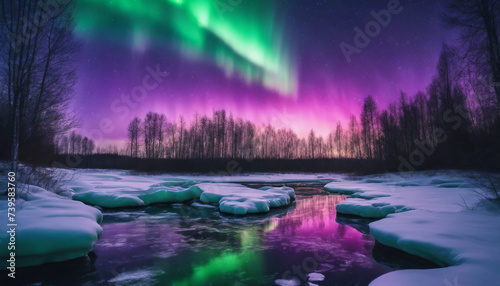 Brilliant Northern Lights over a Frozen Tundra, the greens and purples dancing across the © vanAmsen