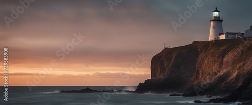 Cliffside Lighthouse at Twilight, a dramatic scene capturing the beacon of a lighthouse atop