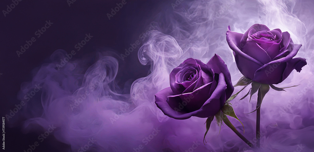 Fioletowe róże i dym. Tapeta z letnimi kwiatami. Puste tło, miejsce na tekst - obrazy, fototapety, plakaty 