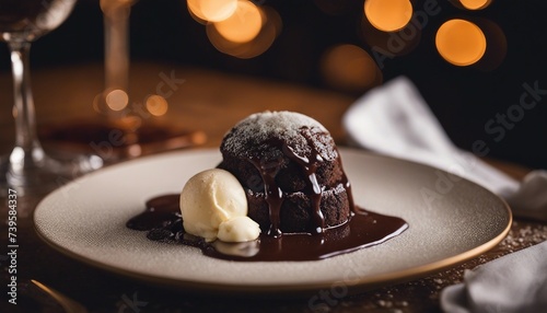 Decadent Chocolate Lava Cake in a Romantic Bistro, a rich and gooey chocolate lava cake served 