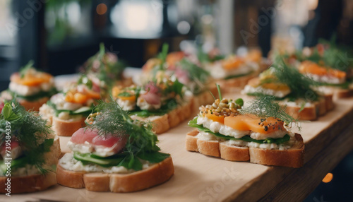 Danish Smarrebrad, an array of open sandwiches, against the minimalist elegance of a Copenhagen