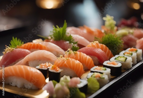 Deluxe Sushi Platter, an array of beautifully arranged sushi and sashimi, against the blurred 