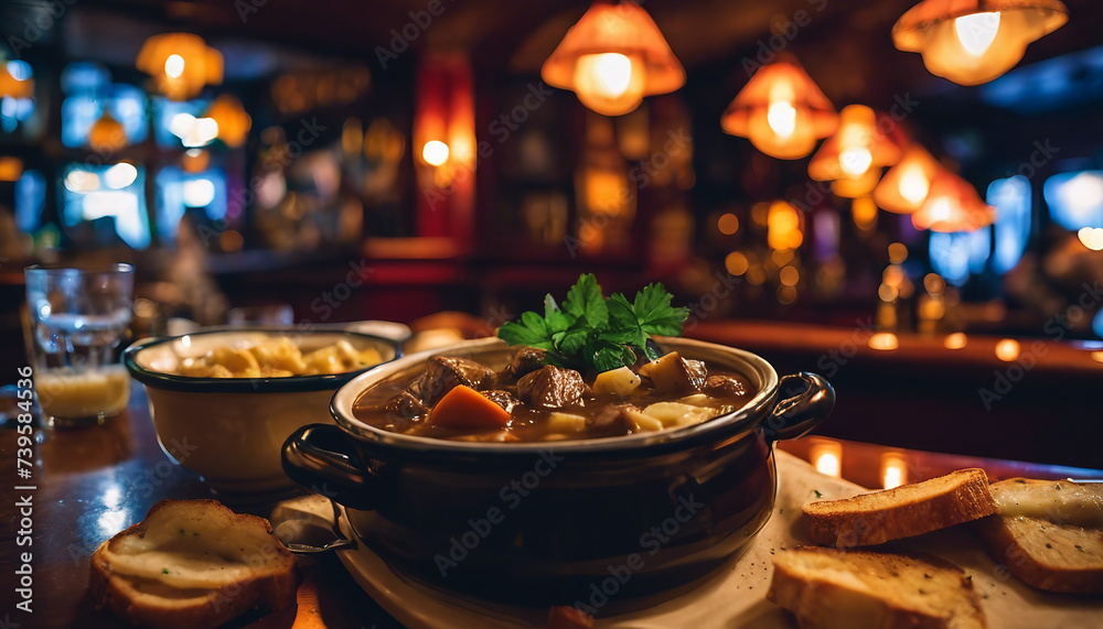 Naklejka premium Dublin Irish Stew, hearty and warming, against the backdrop of a cozy and vibrant Irish pub