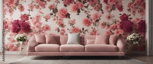 Exquisite Blossom Lounge, a chic lounge area adorned with artistic floral wallpaper photo