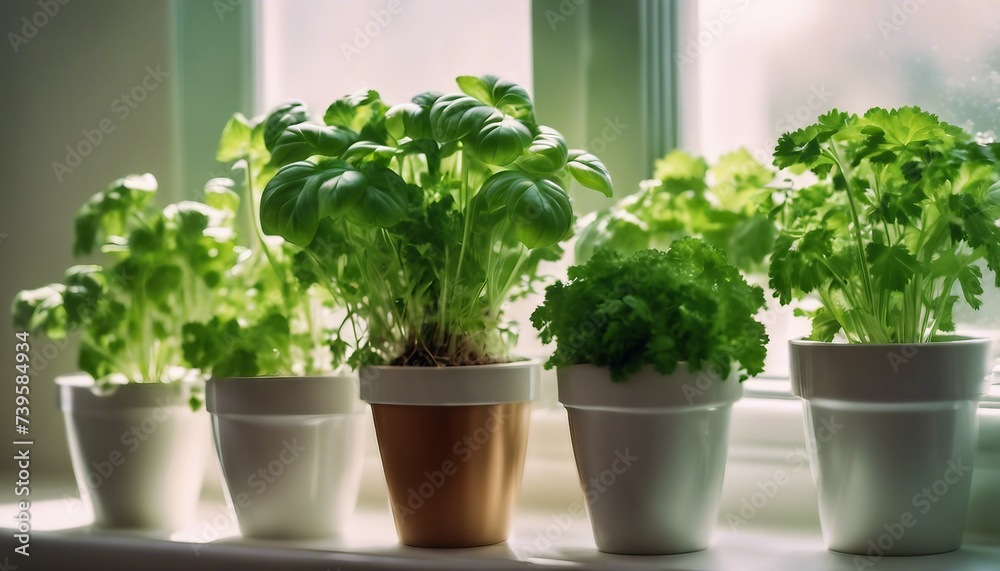 Fresh Herb Garden, pots of basil, parsley, and cilantro arranged on a white windowsill with morning Fresh Herb Garden, pots of basil, parsley, and cilantro arranged on a white windowsill with morning