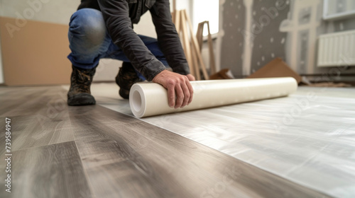 A person in work boots rolling out a large sheet of vinyl flooring in a bedroom carefully smoothing out any air bubbles. photo