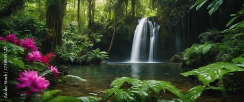  Lush Rainforest Waterfall, a hidden cascade surrounded by vibrant green foliage and exotic flowers