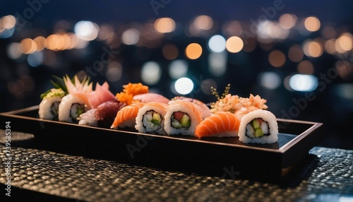 Luxury Sushi Platter Under the Stars, an assortment of premium sushi and sashimi served on a rooftop