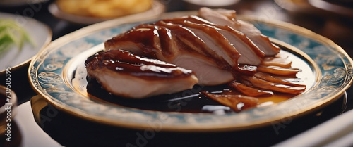 Luxurious Peking duck with crispy skin, sliced and served with thin pancakes and hoisin sauce