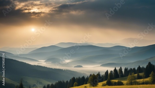 Mountain Vista, the majestic peaks softly highlighted by the morning mist, symbolizing the natural