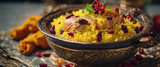Persian saffron rice with barberries and roasted chicken, presented in an intricate Persian dish
