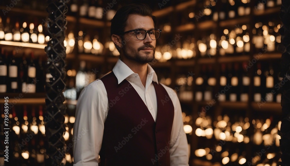 Sommelier with a Thoughtful Expression, standing in a dimly lit wine cellar filled with rows of wine