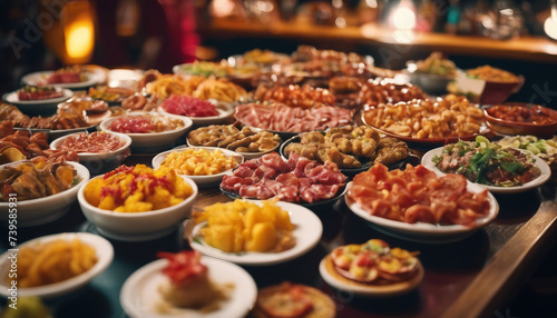 Spanish Tapas Spread, a variety of small plates, against the vibrant and colorful atmosphere