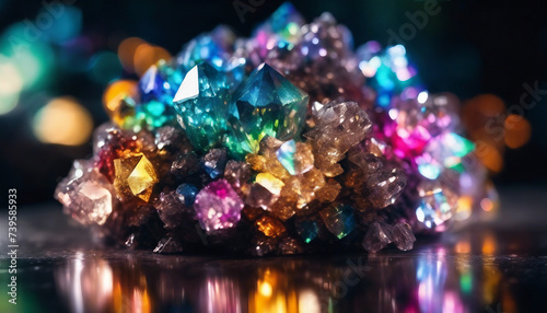Sparkling Crystal Cluster with Rainbow Flares, each facet reflecting a spectrum of light in a dark