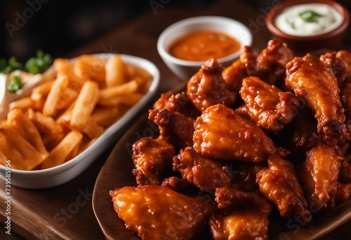 Spicy Buffalo Wings Platter, with a creamy dip, set against the warm, inviting glow of a sports bar