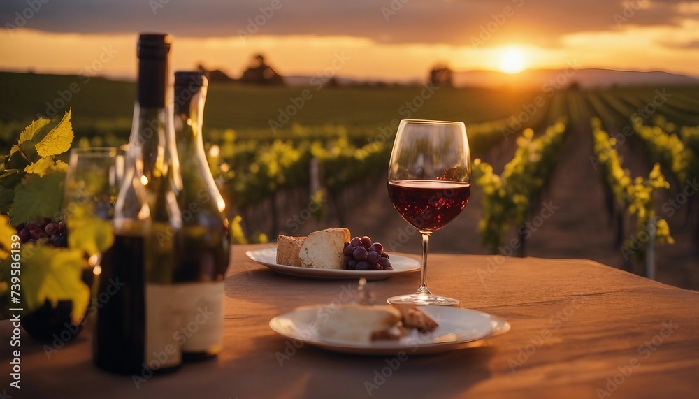 Sunset Vineyard Wine Tasting, an elegant wine tasting scene set in a vineyard during a golden sunset