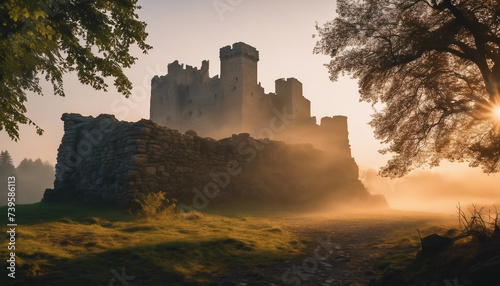 Sunrise over a Mist-Enshrouded Castle Ruin, with the warm light casting long shadows and bringing